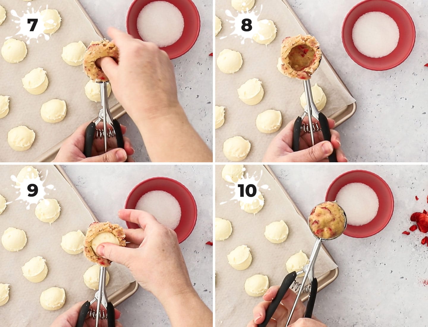 A collage showing how to assemble the cookies using a cookie scoop.