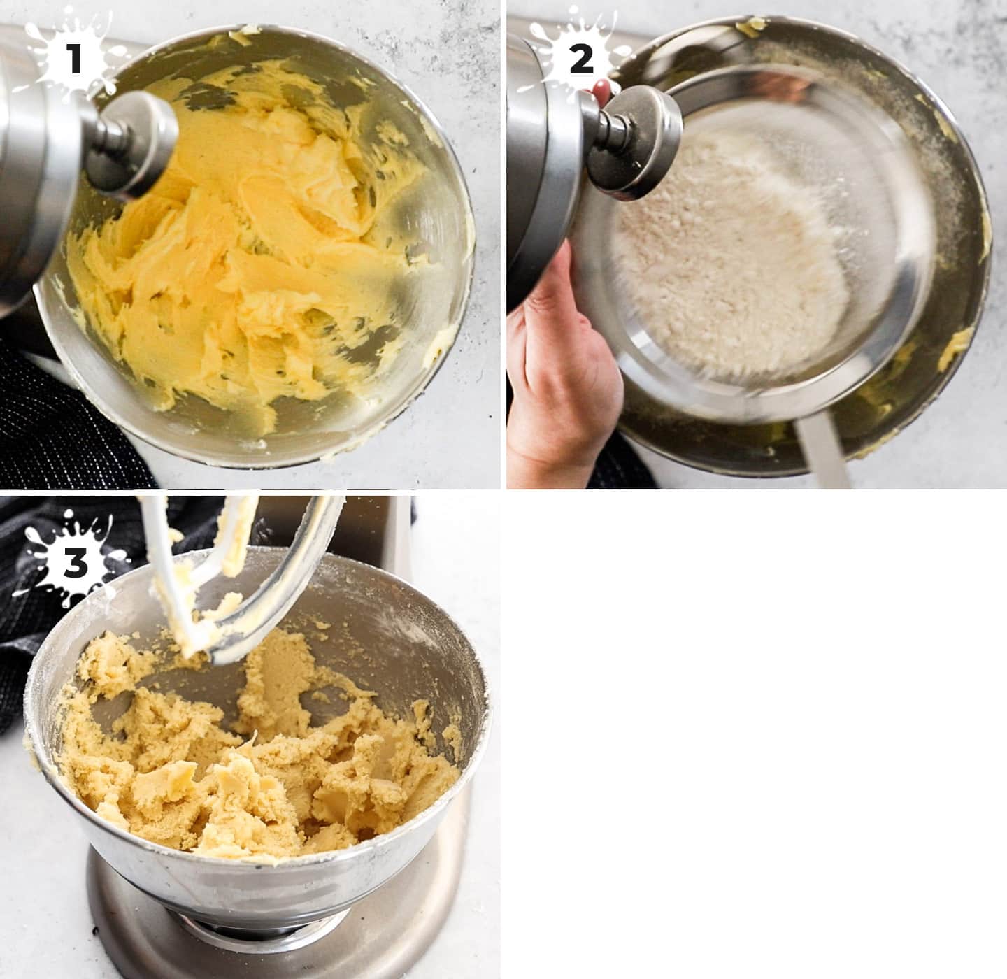 A collage showing how to mix the dough.