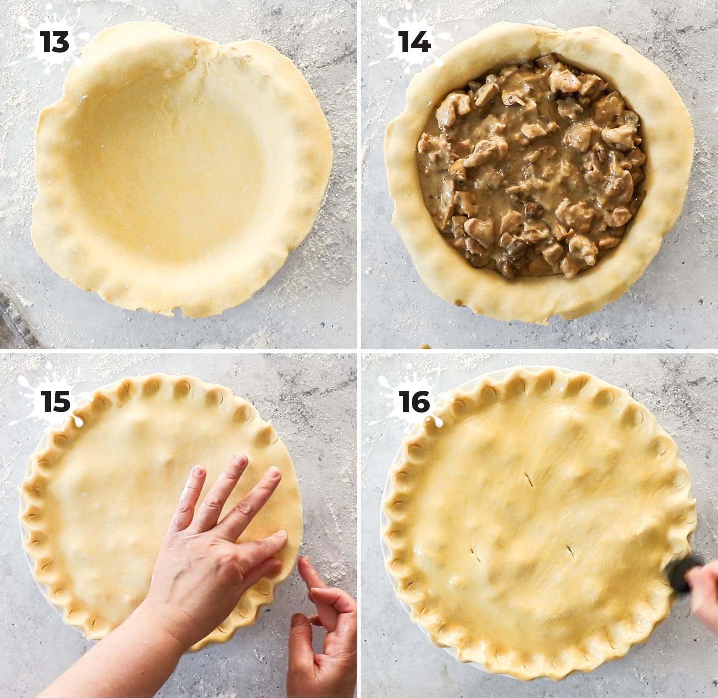 A collage showing how to fill and seal the pie.