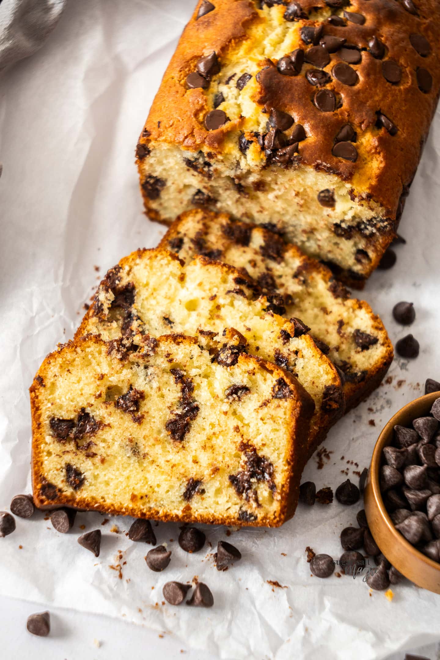 Closeup of slices of chocolate chip loaf cake.