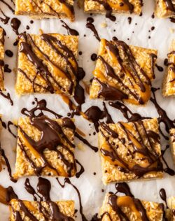 Top down view of 8 coconut caramel bars.