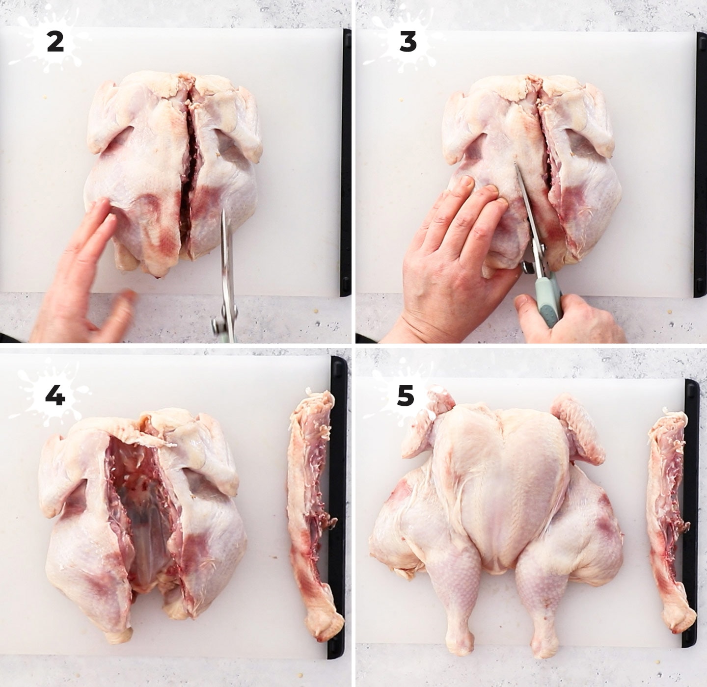A collage showing how to butterfly the chicken.