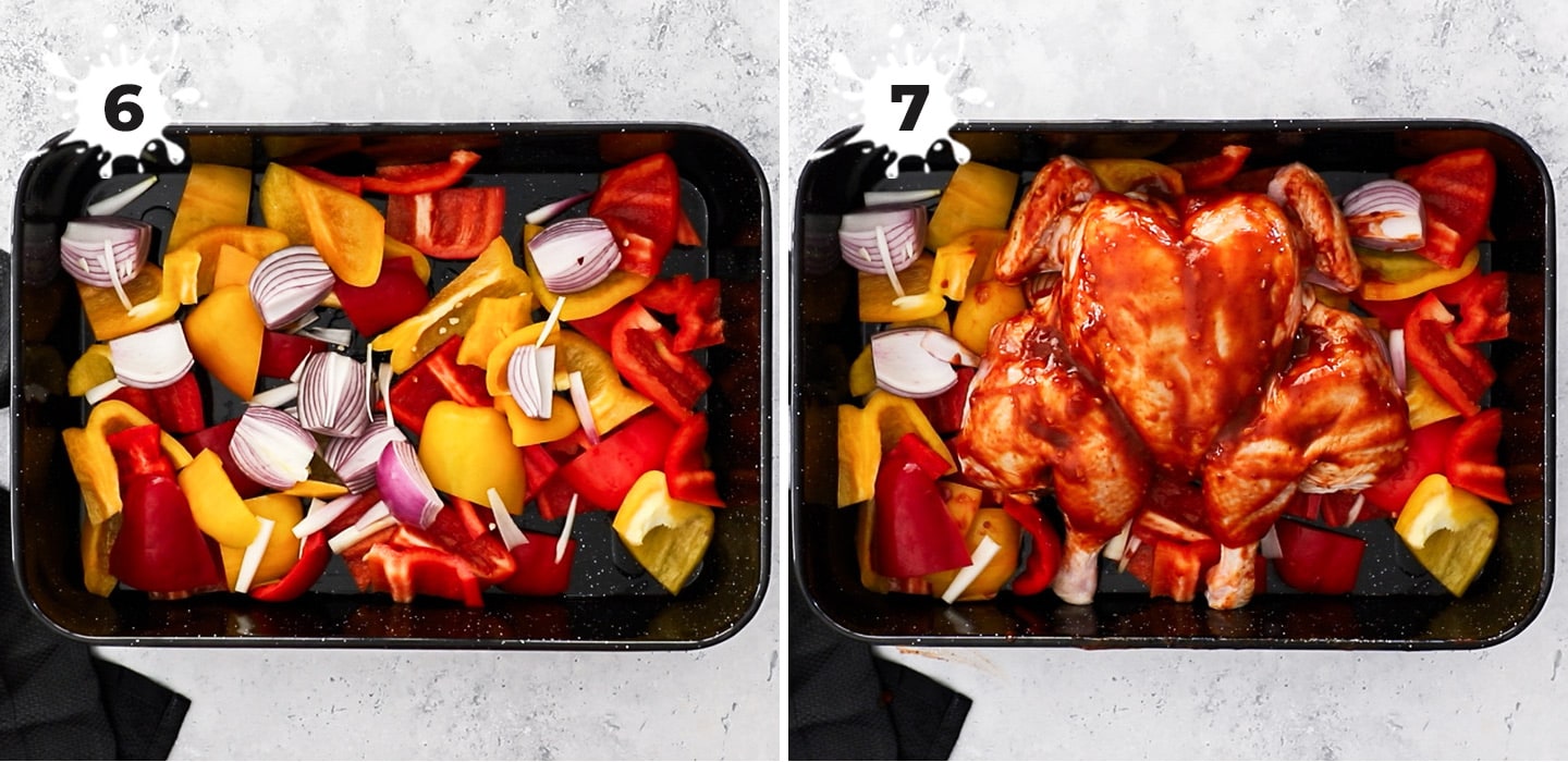 A roasting pan with capsicum and the whole chicken.