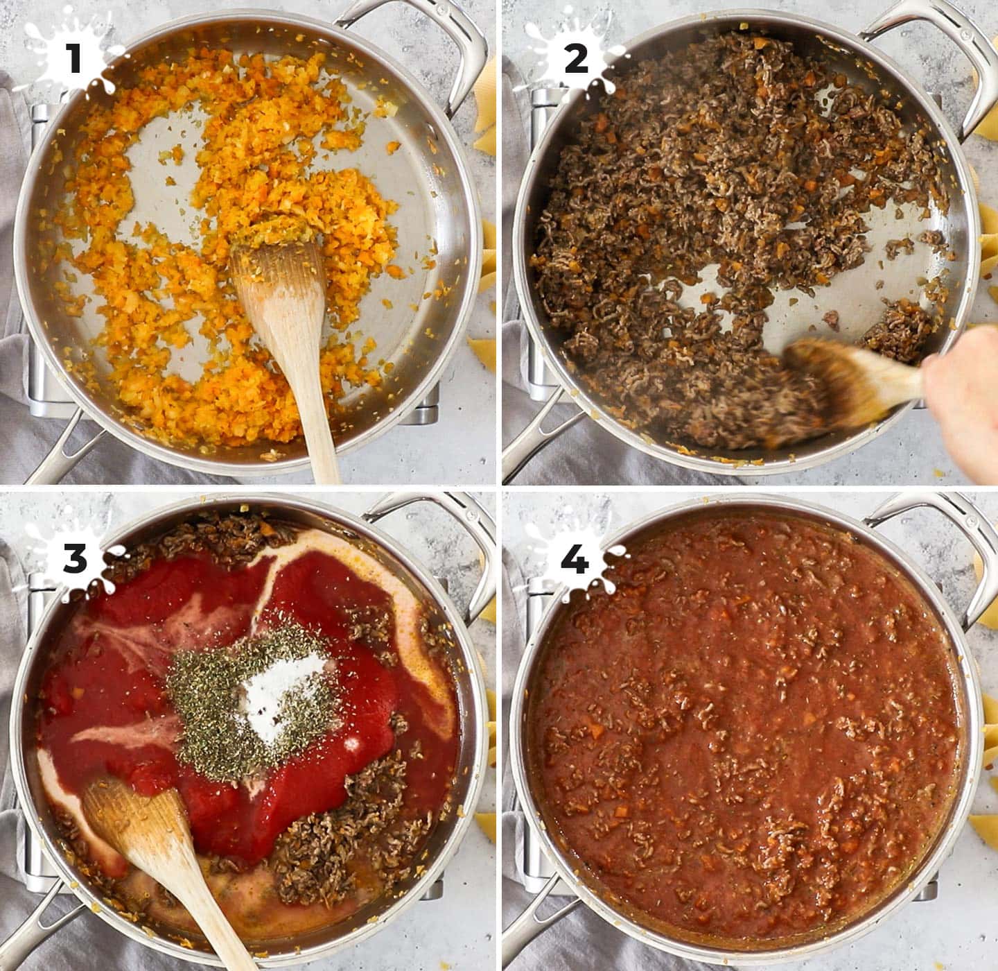 A collage showing how to make the meat sauce.