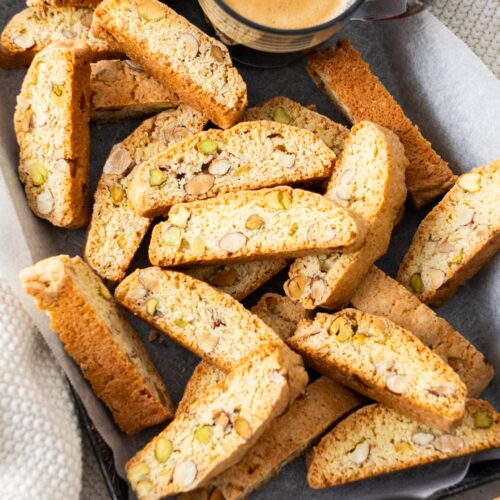 Top down view of biscotti pieces in a tray.