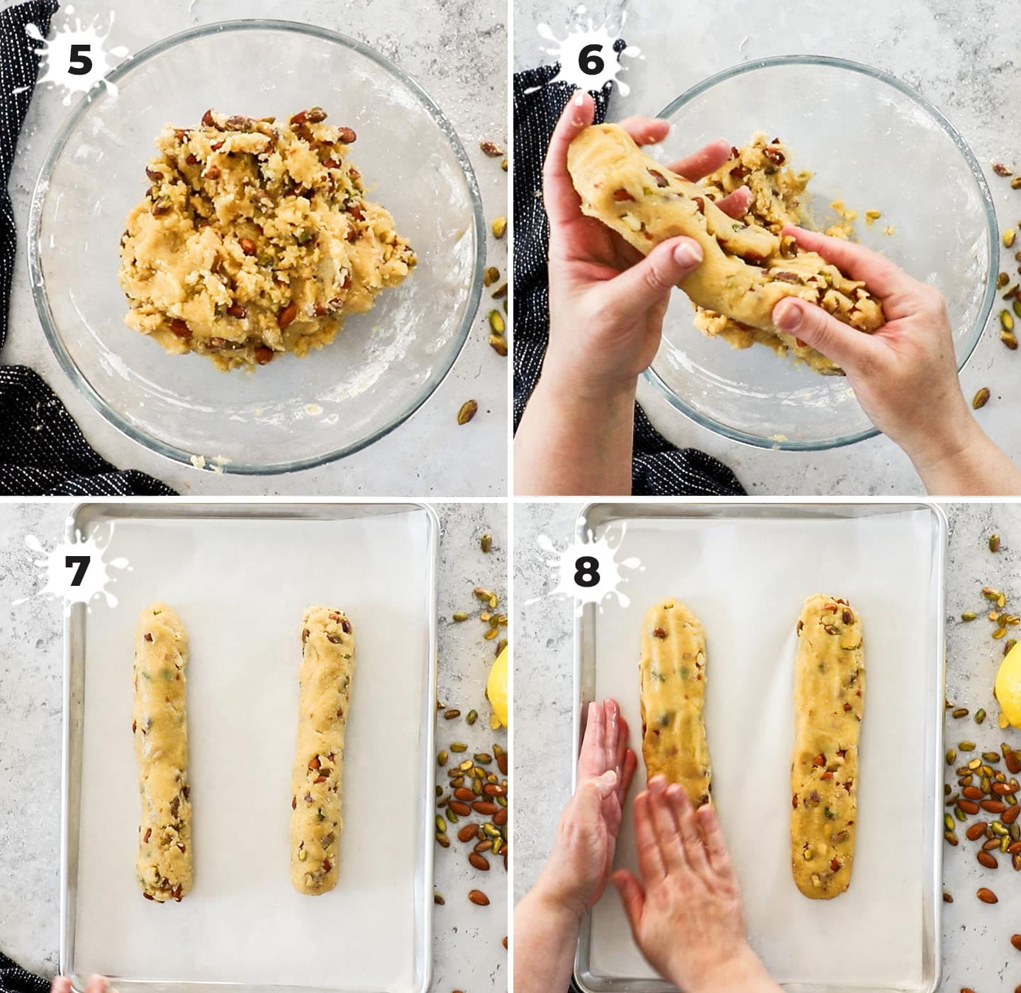 Showing how to shape the biscotti dough.