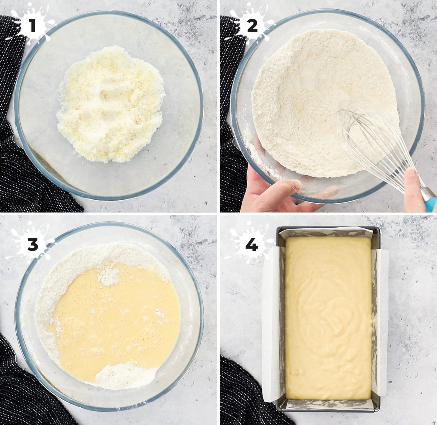 A collage showing how to make the cake batter.