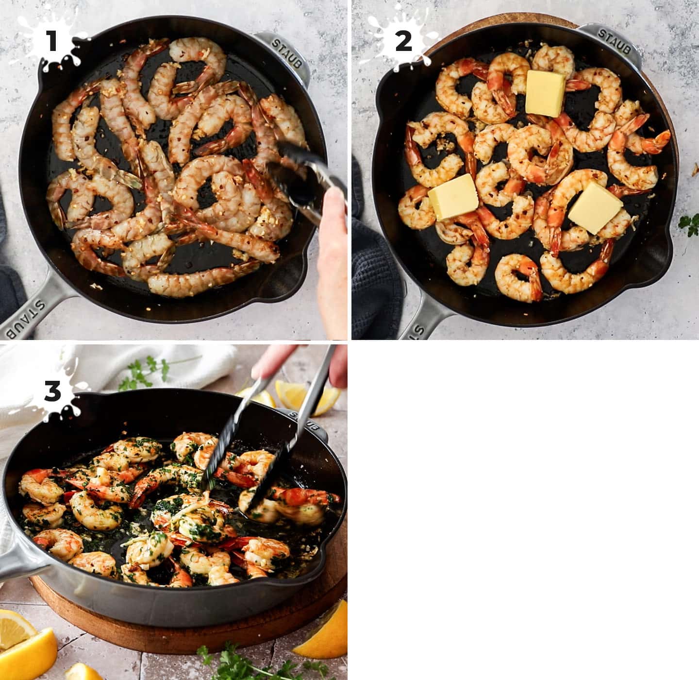 A collage showing how to prepare and cook the prawns.