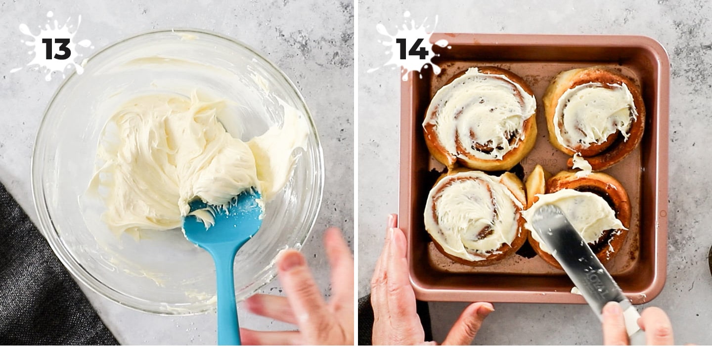 Showing how to frost the cinnamon rolls.