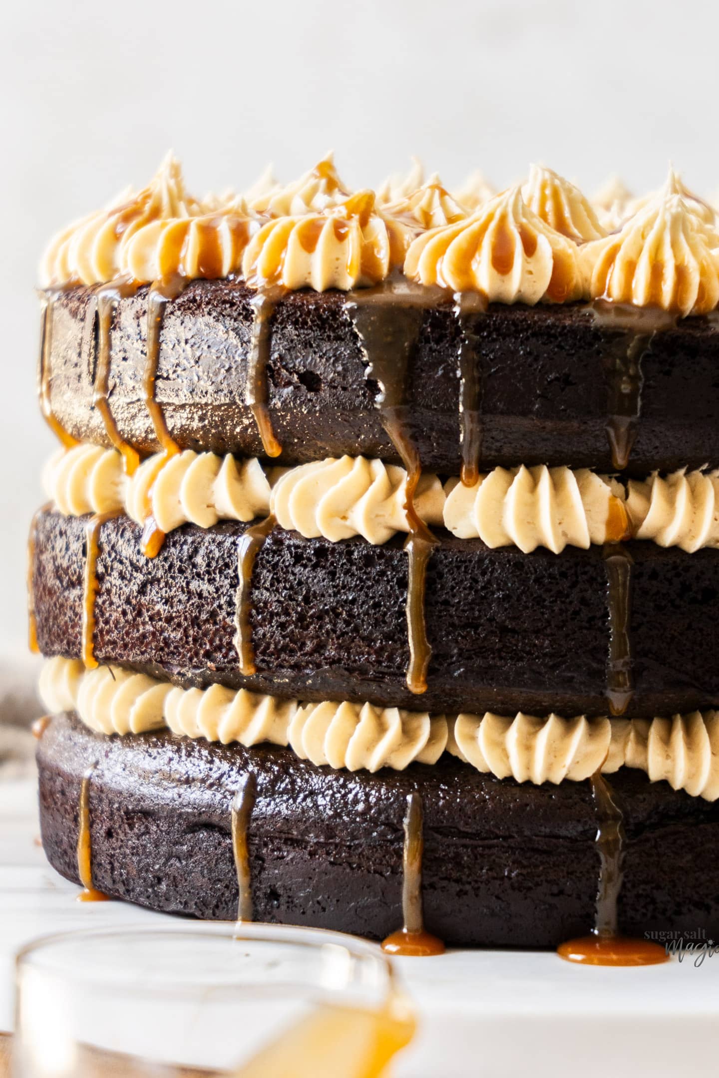 Closeup of the chocolate layer cake.