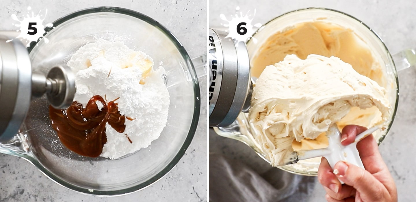 Showing how to beat together the salted caramel frosting.