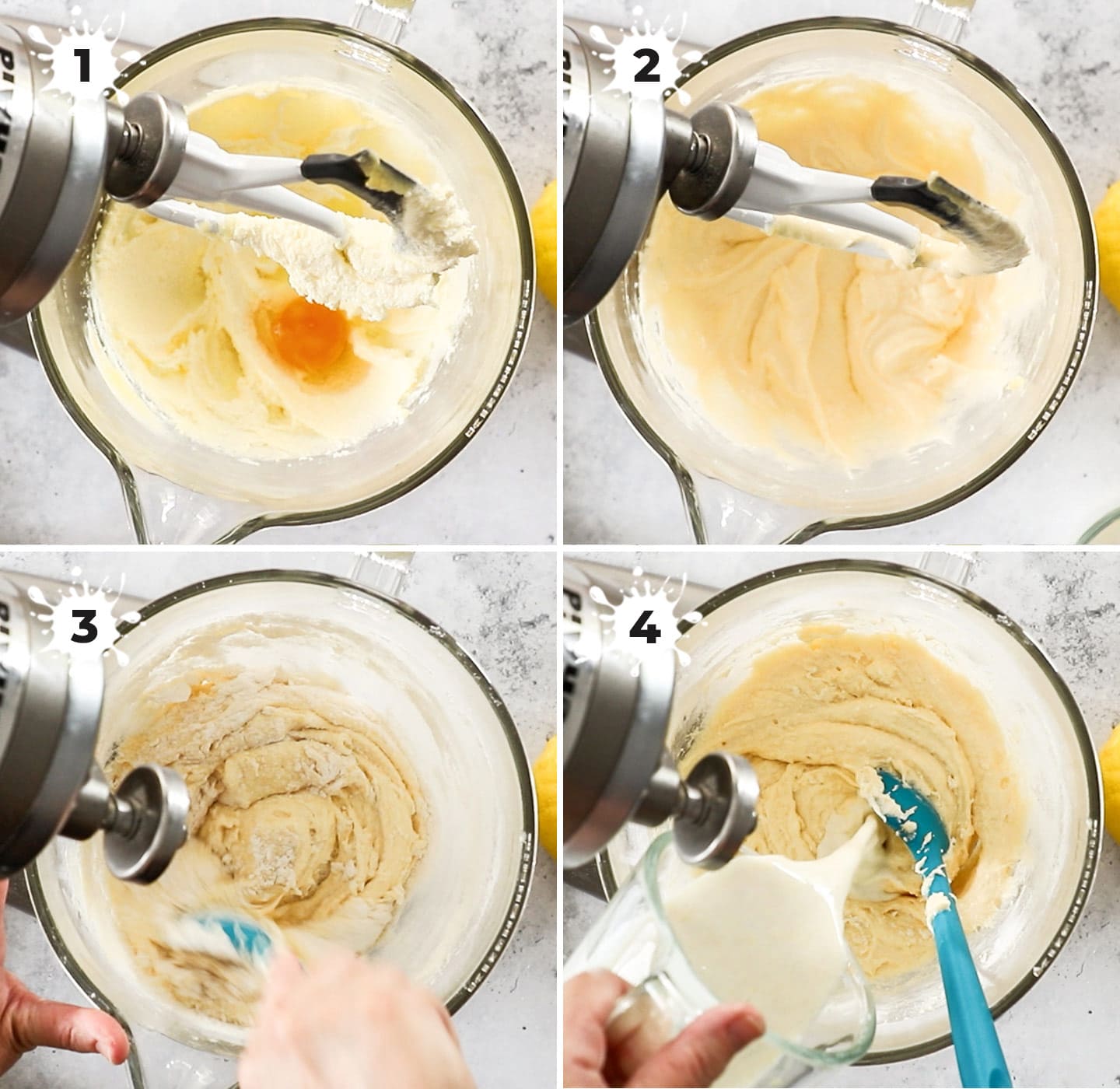 A collage showing how to mix the cake batter.