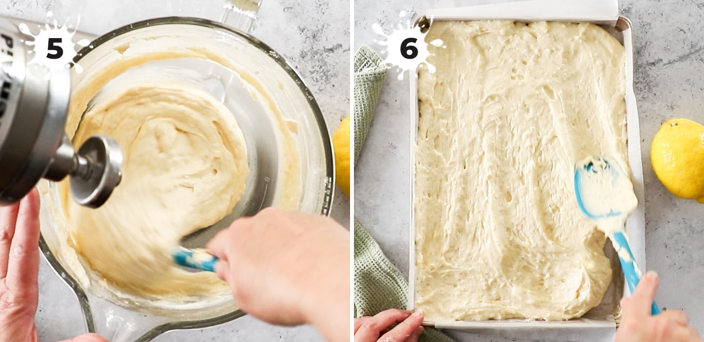 Spreading the cake batter into the cake pan.