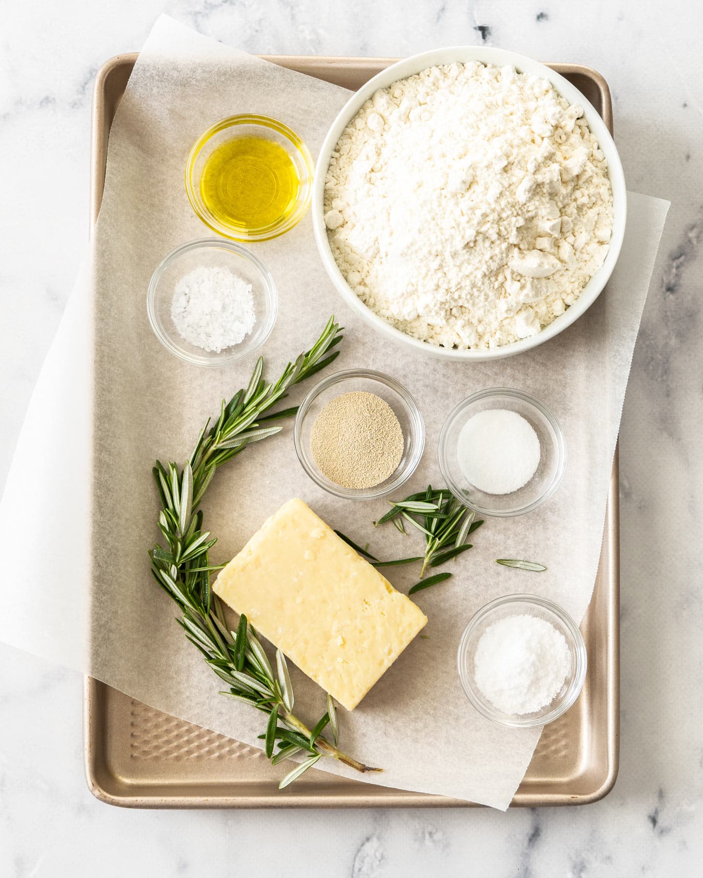 Ingredients for rosemary parmesan bread.