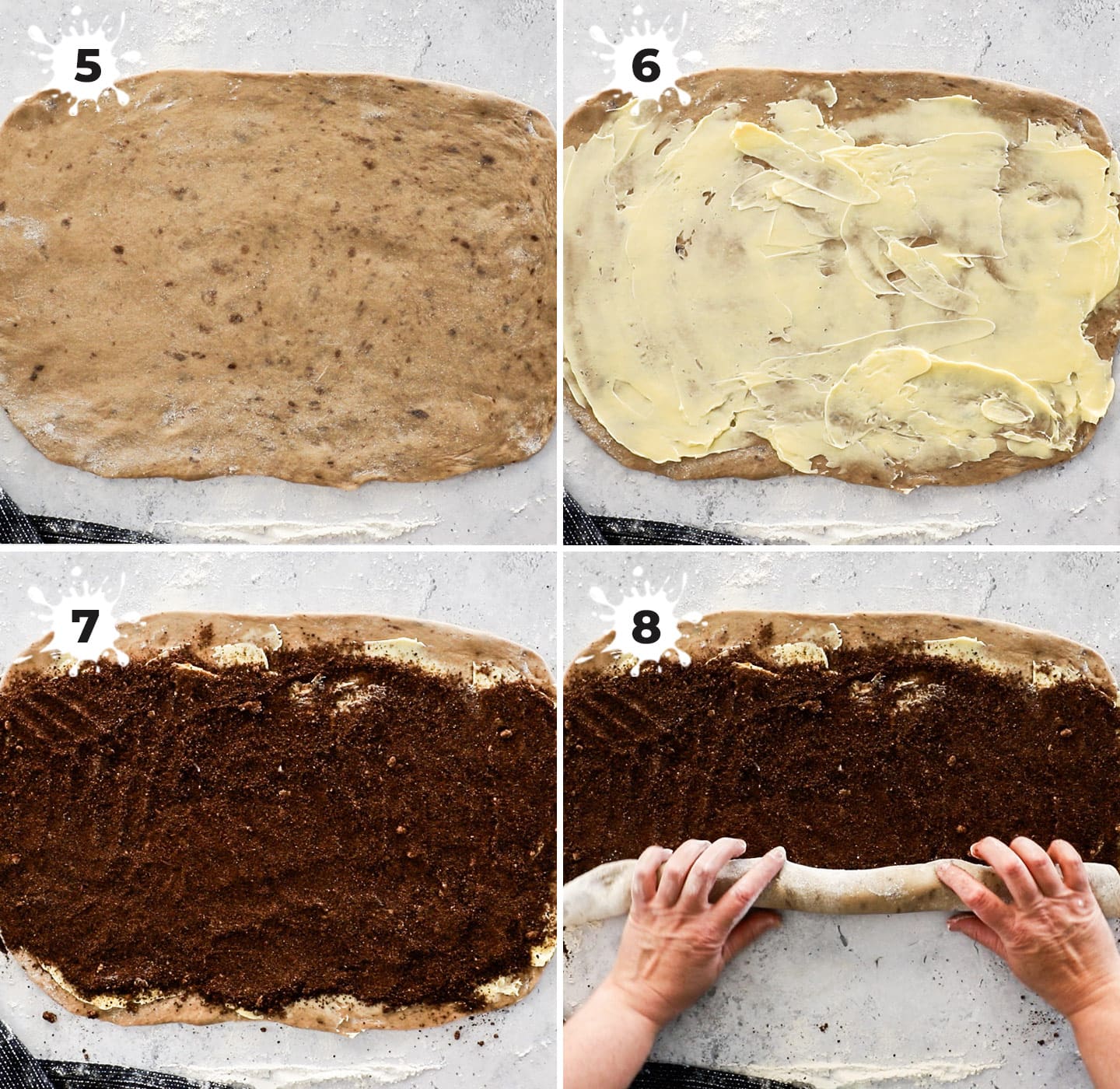 A collage showing how to fill and roll the cinnamon rolls.