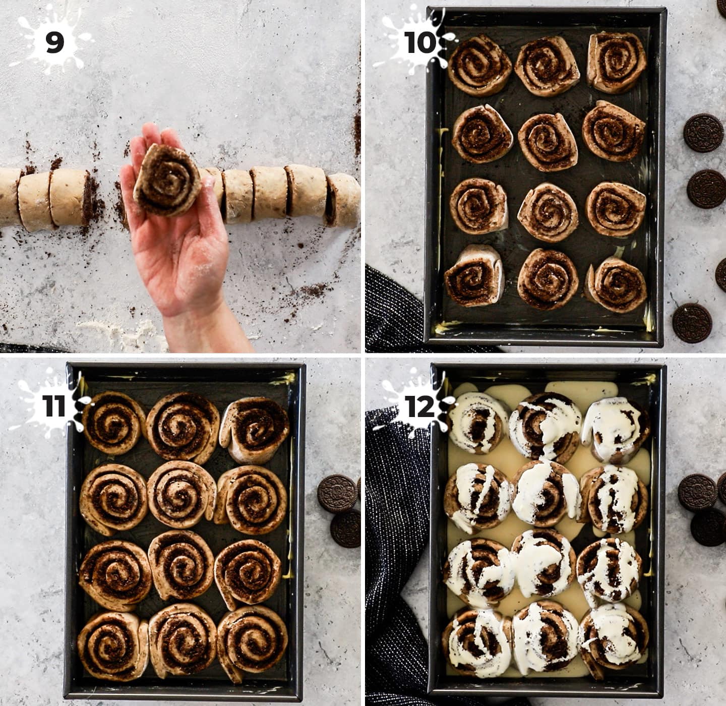 A collage showing the cinnamon rolls rising.