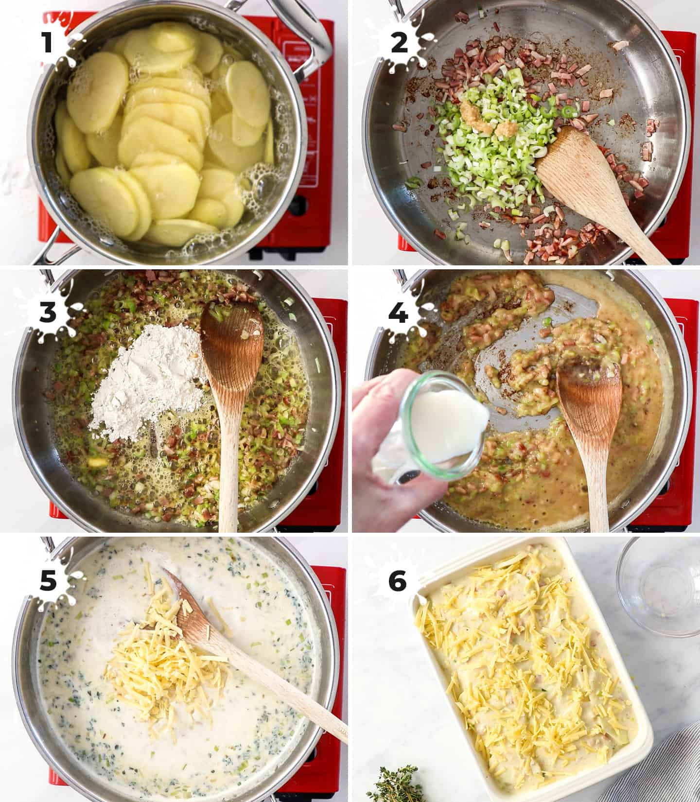overhead collage: 6 images showing the steps to making the cheese potatoes recipe