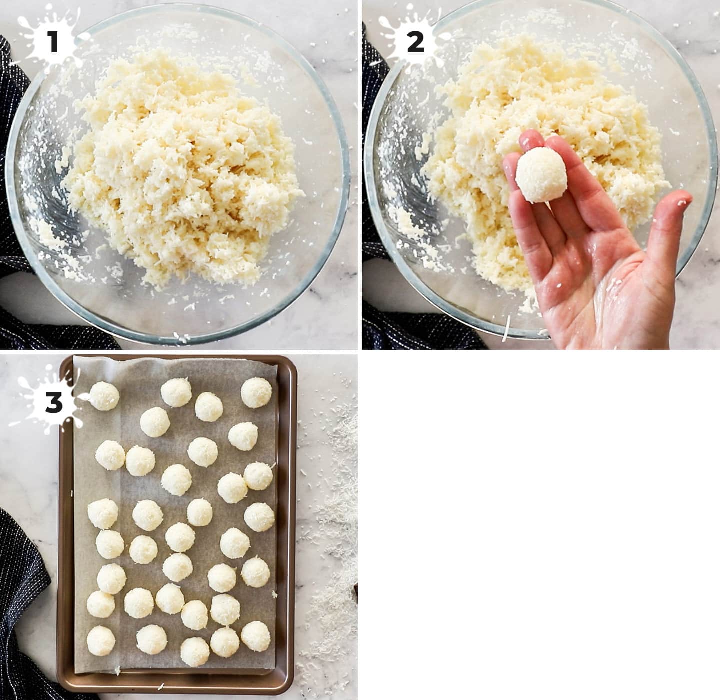 A collage showing how to mix and roll the coconut filling.