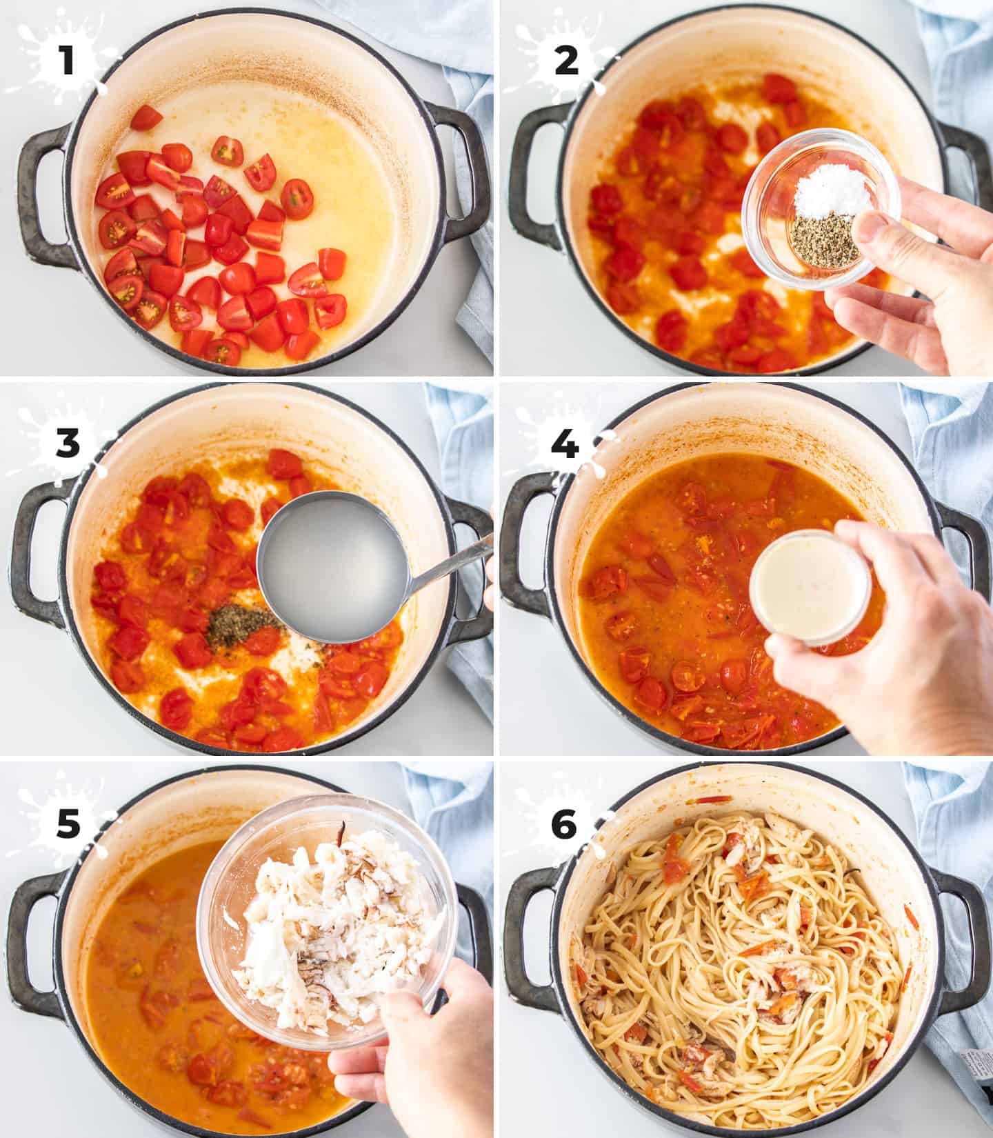 overhead collage: 6 images showing adding ingredients to a saucepan to make crab pasta recipes
