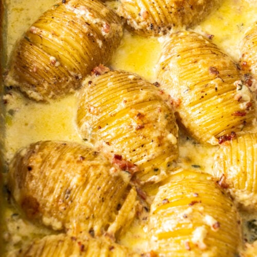 Closeup of hasselback potato gratin.