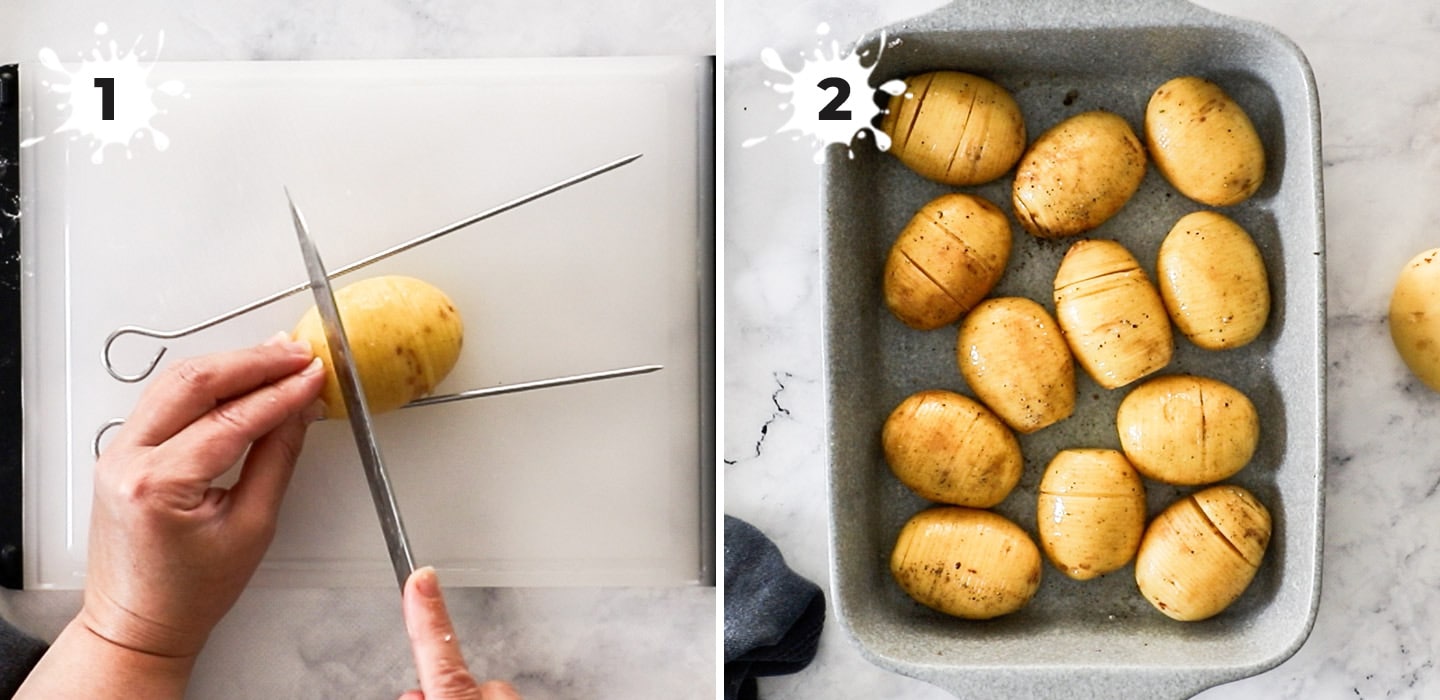 Showing how to slice the potatoes.