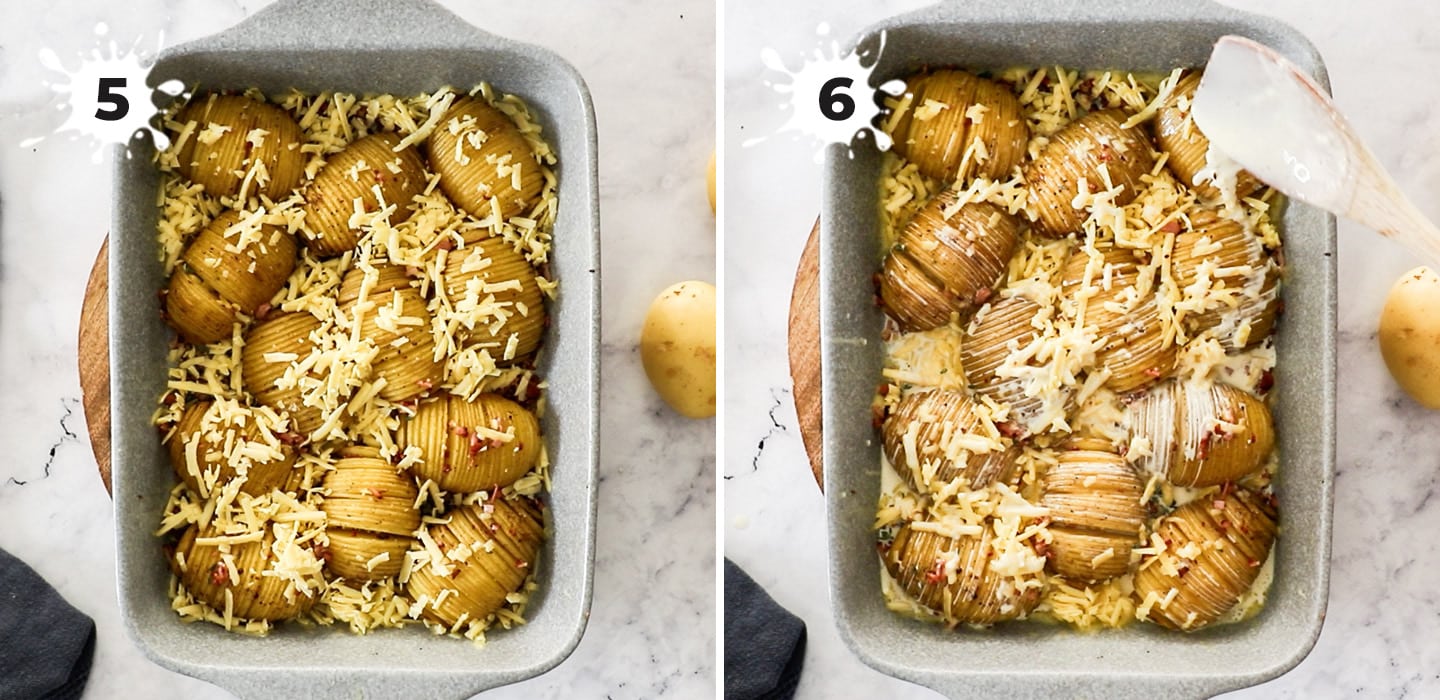 A casseroled dish with hasselback potatoes in cream and cheese.