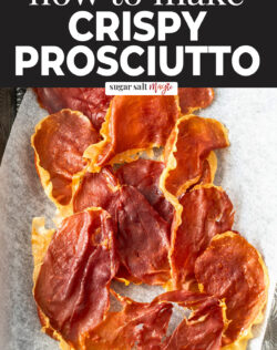 Overhead: Prosciutto crisps in a metal tray.