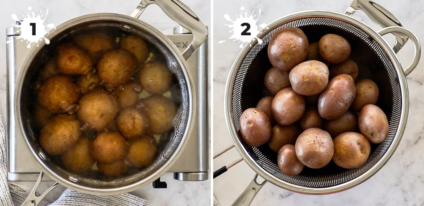 A collage showing how to boil and drain the potatoes.