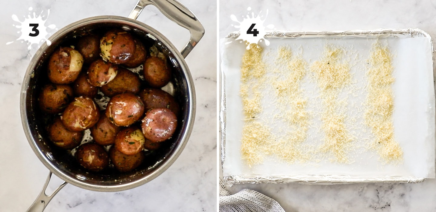 A collage showing how to coat the potatoes and adding parmesan to a baking sheet.