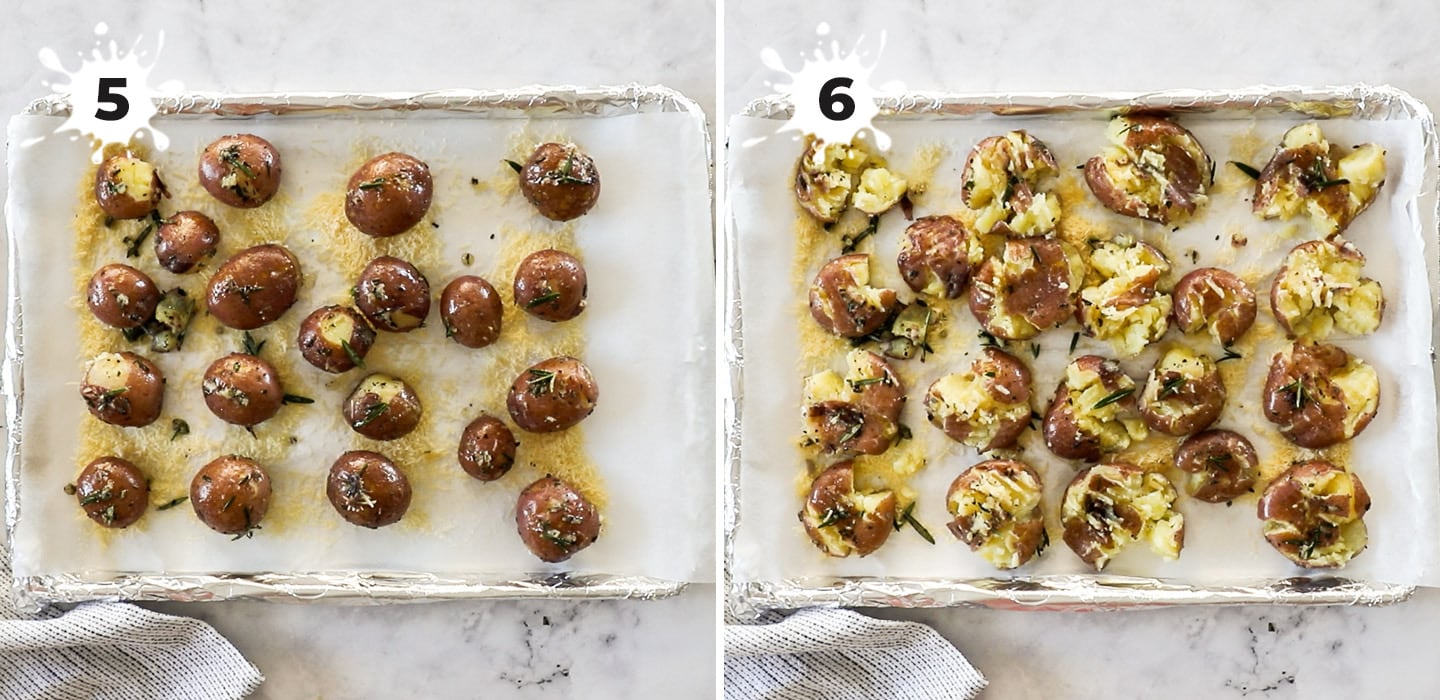 A baking sheet covered with smashed potatoes ready to bake.