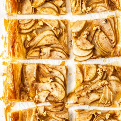 Puff pastry pear tart slices ready to serve.