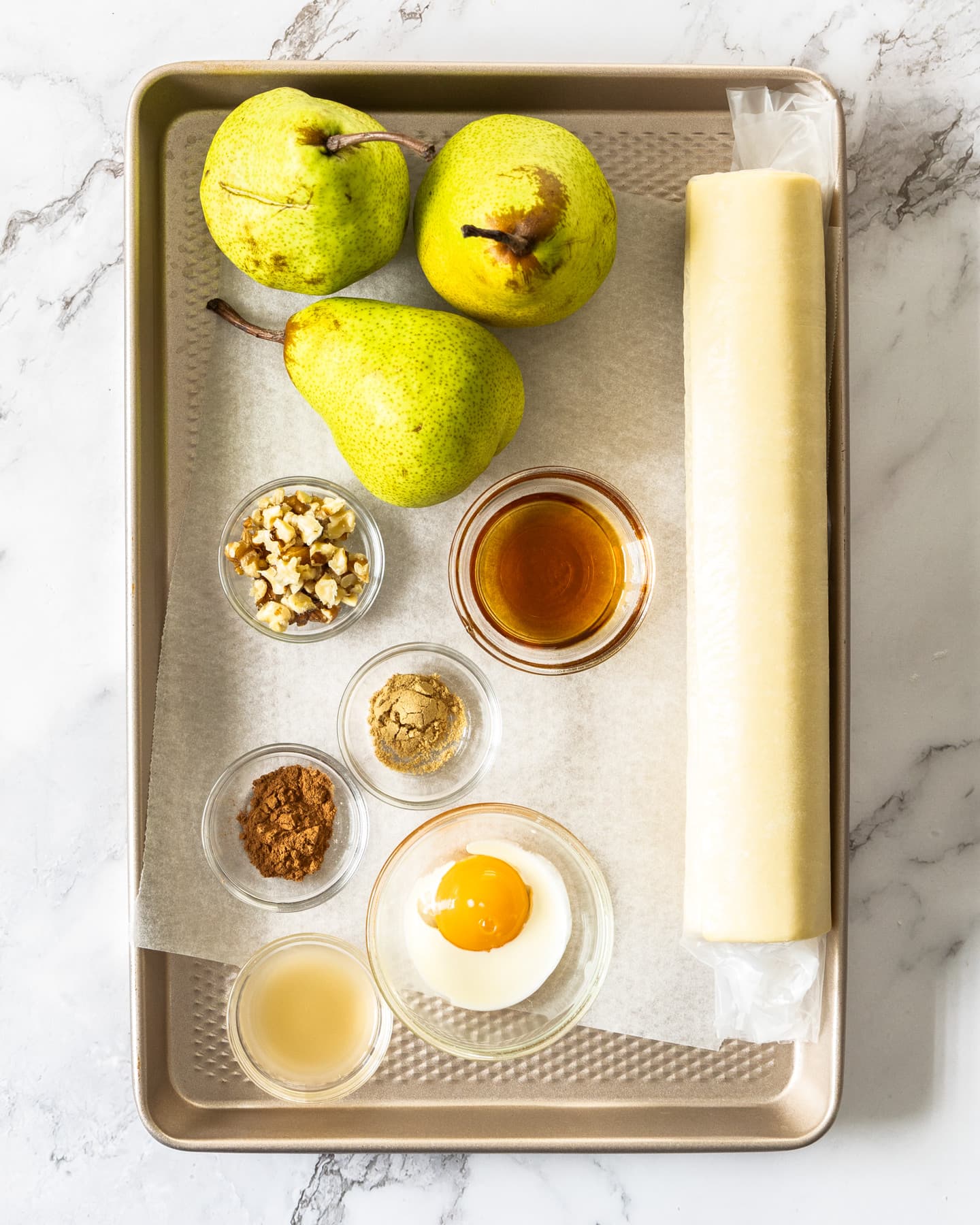 Ingredients for puff pastry pear tart.