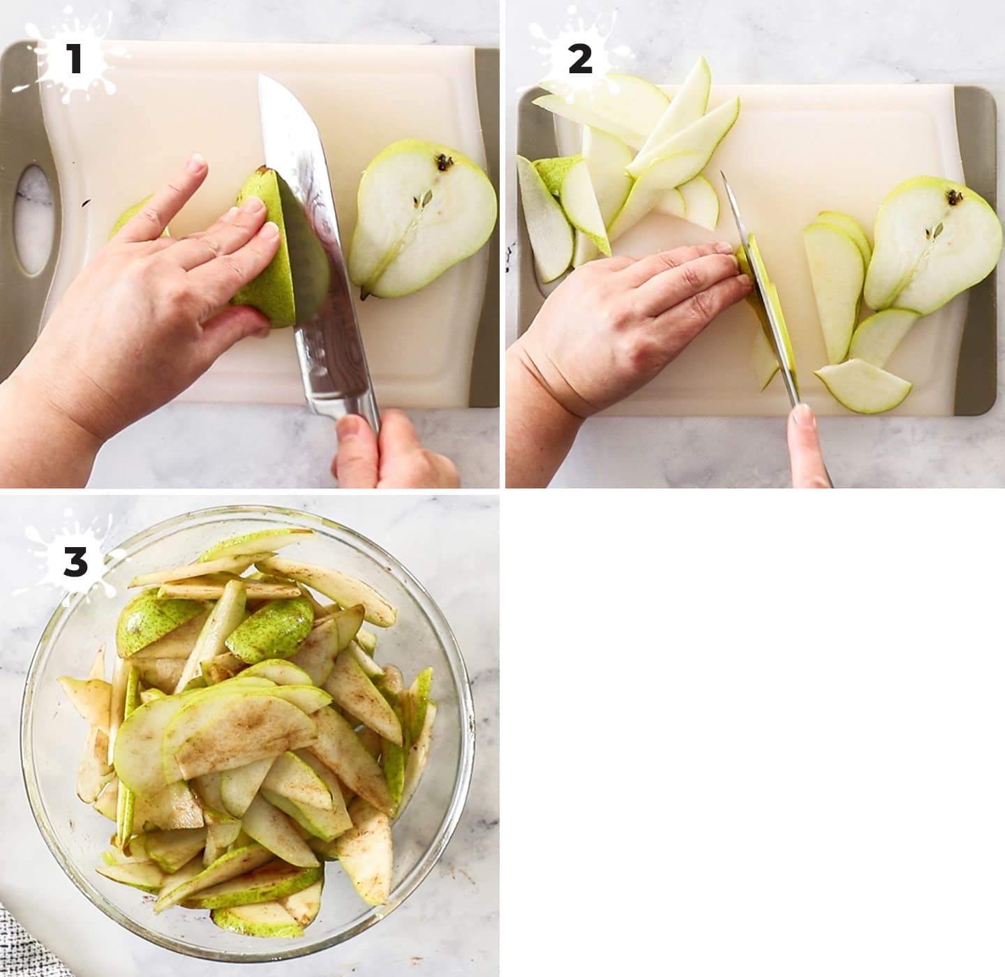 Showing how to prepare the pears.