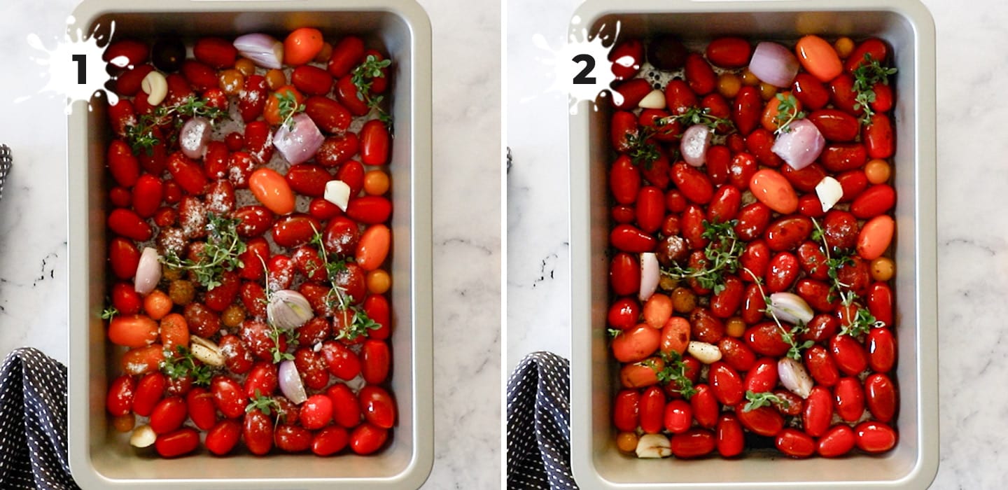 Overhead: Tomatoes and other ingredients in a baking pan, ready to bake.