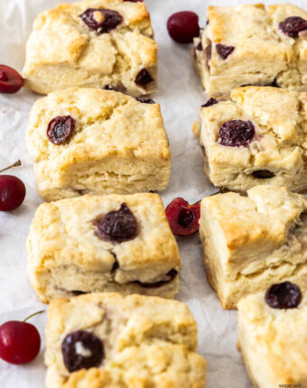 8 cherry scones on a sheet of baking paper.
