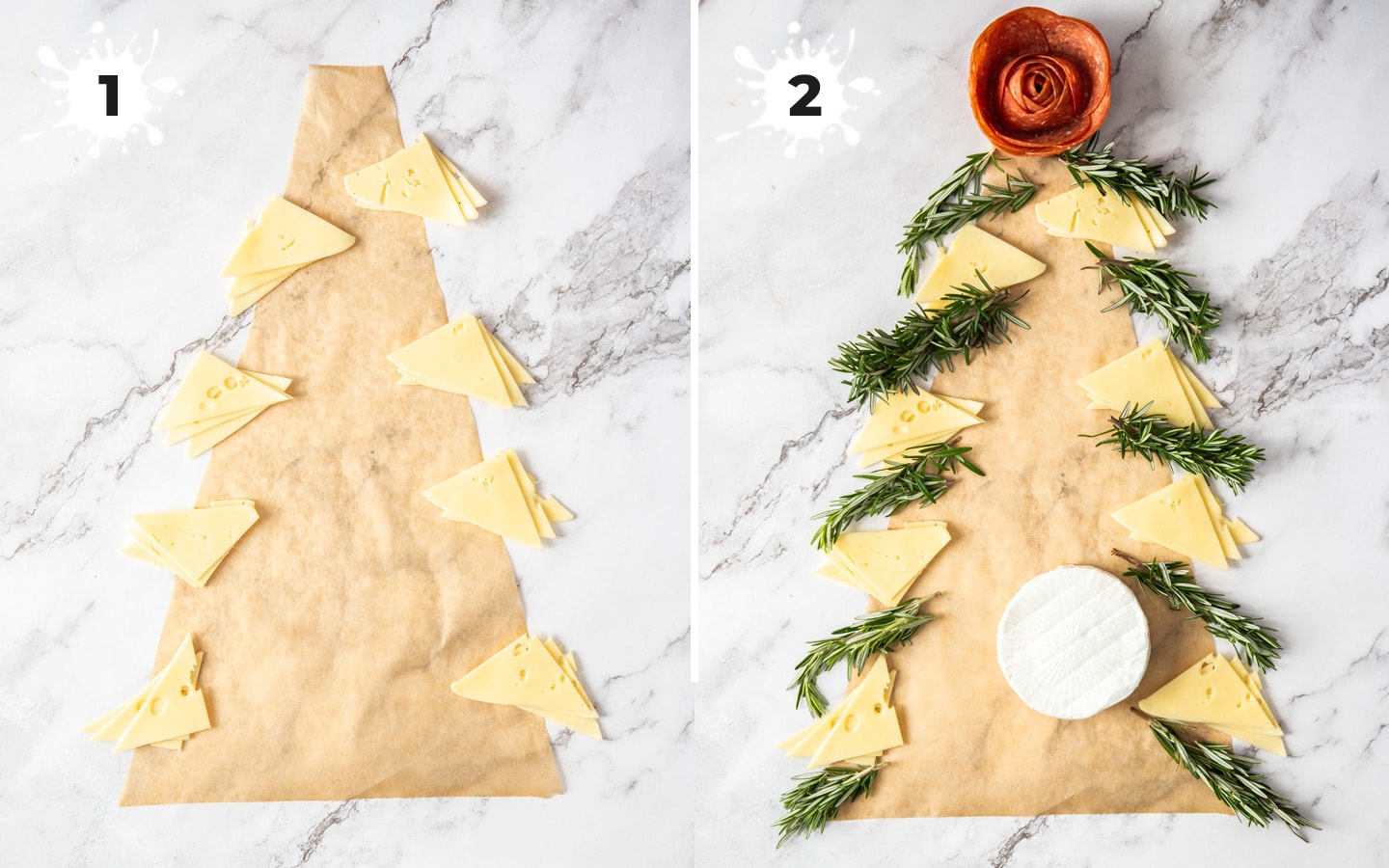 Starting with a parchment paper tree shape and adding cheese slices and rosemary.