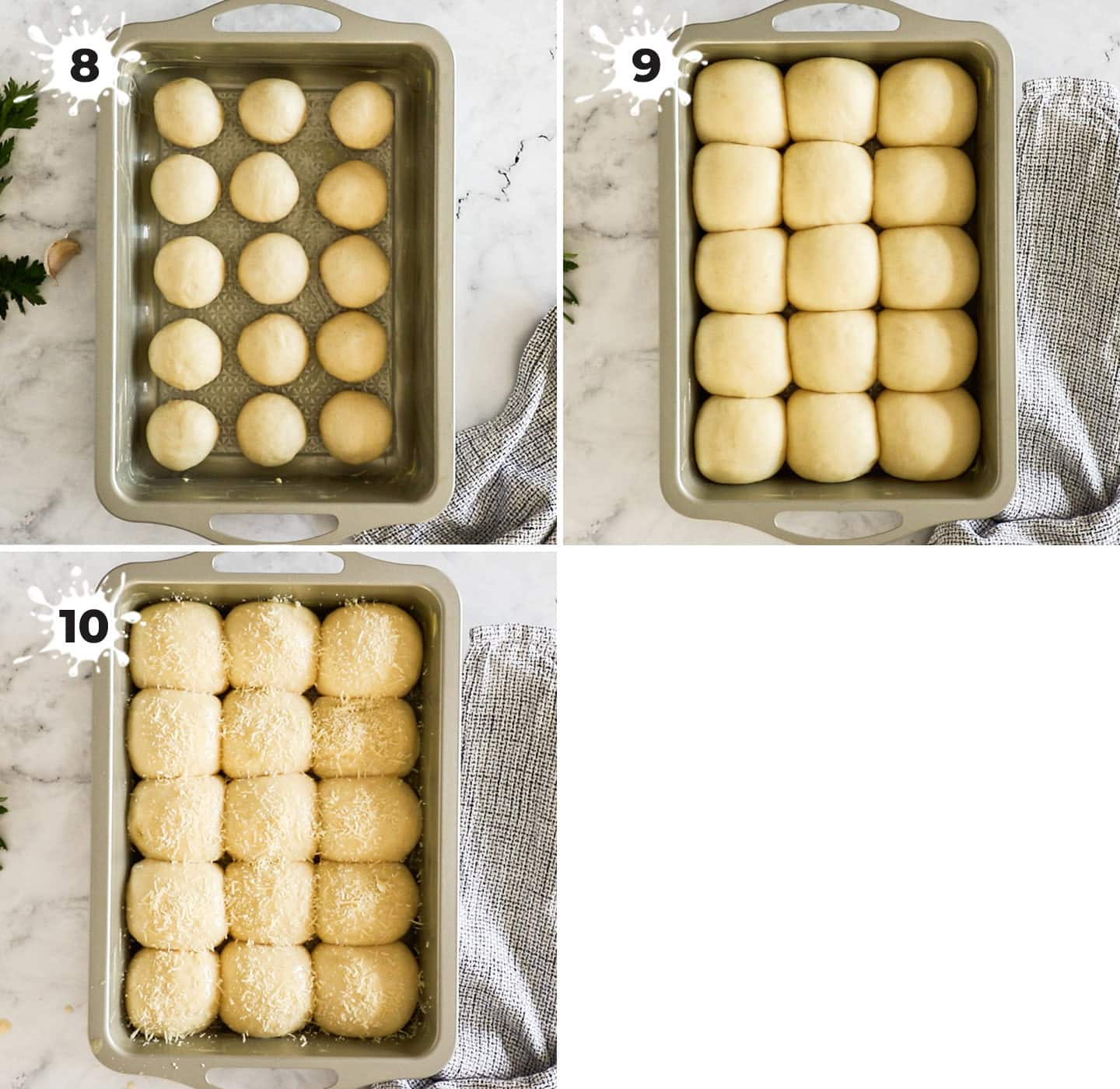 The rolls rising in a pan before baking.