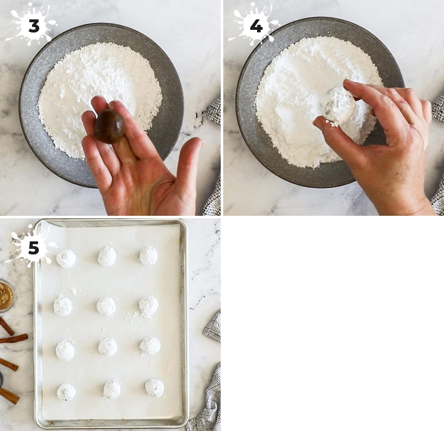 A collage showing how to roll and coat the dough balls.