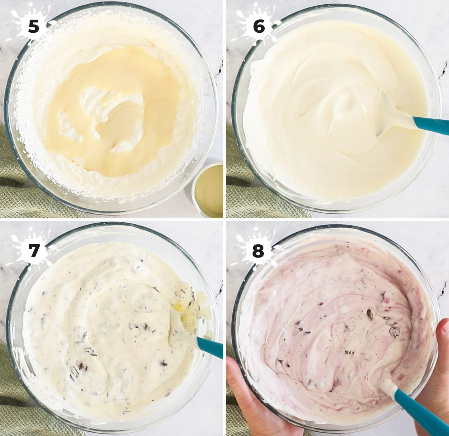Showing how to mix the ice cream together.