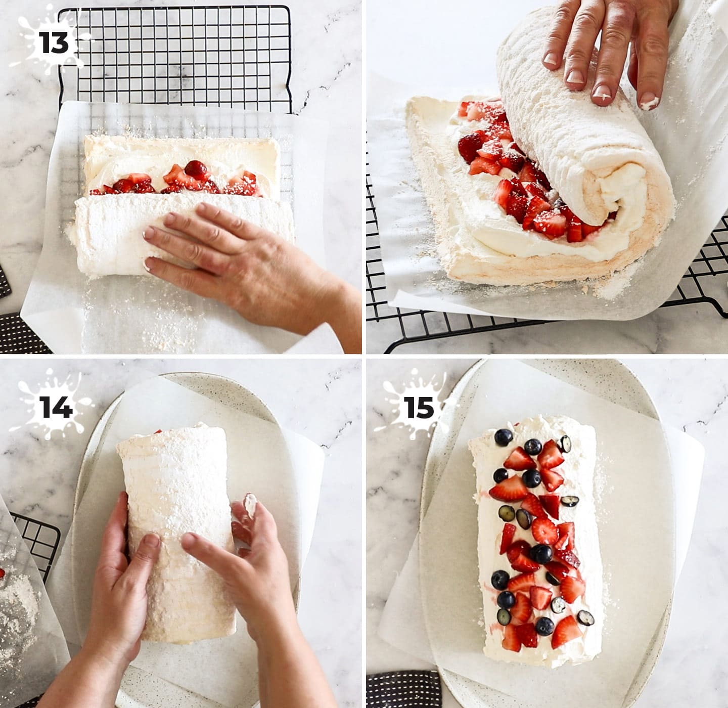 Showing how to roll and finish the pavlova roll.