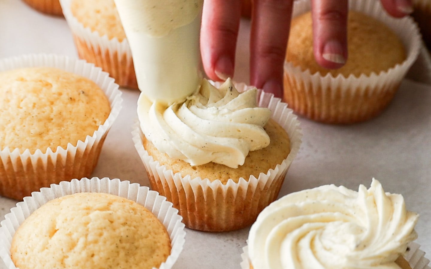 Piping buttercream onto cupcakes.