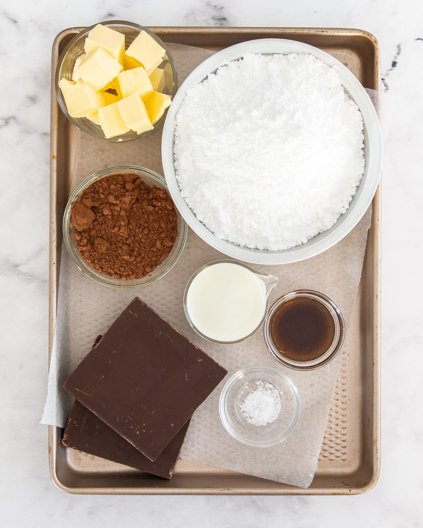 Ingredients for chocolate fudge frosting.