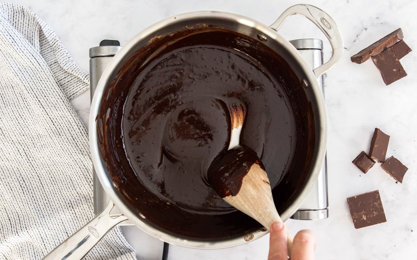 The chocolate and butter mixture in a pan.