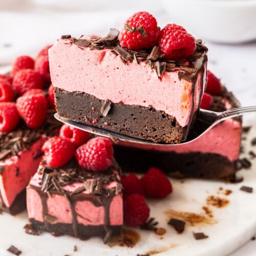 A slice of mousse cake being held on a cake server.