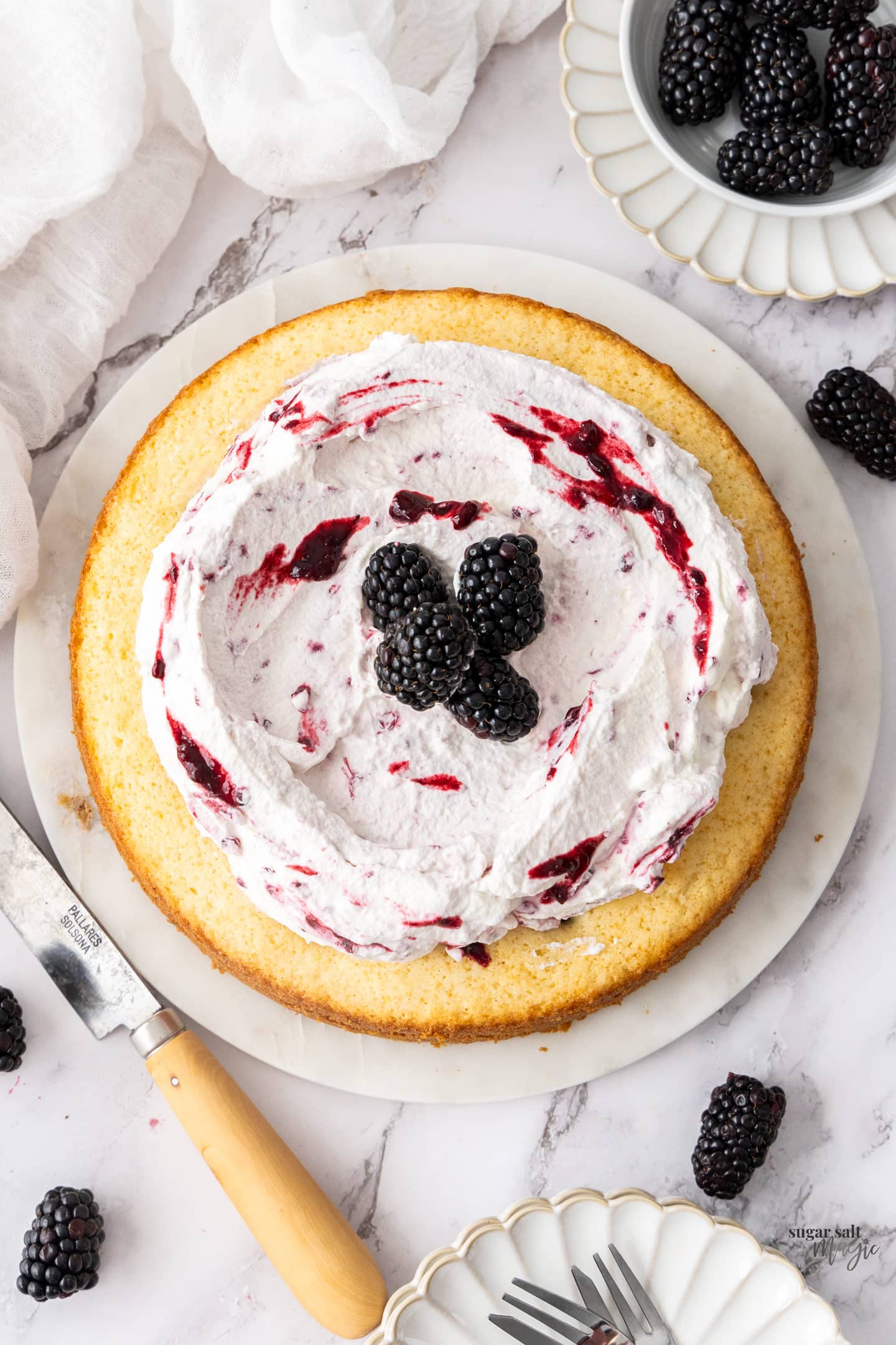 The cake topped with cream and blackberries.
