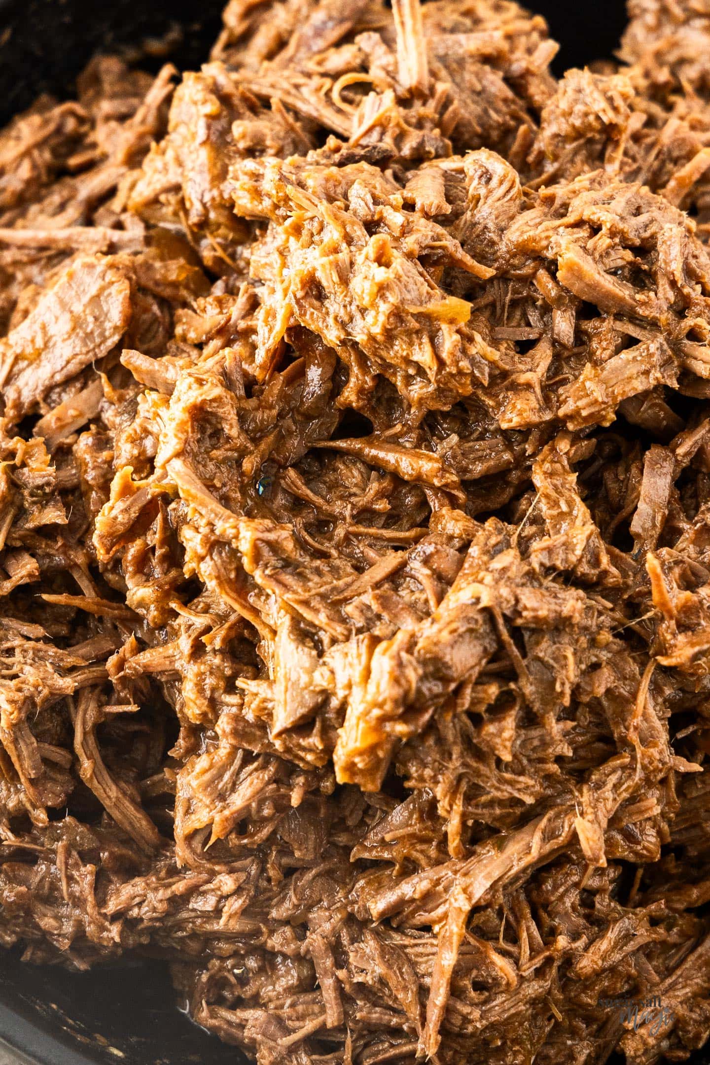 Closeup of the pulled beef.