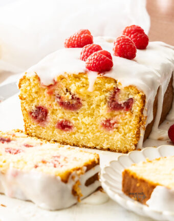Closeup of the inside texture of the raspberry lemon loaf.