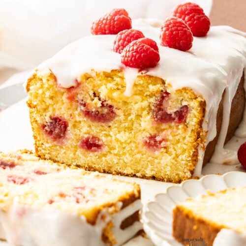 Closeup of the inside texture of the raspberry lemon loaf.