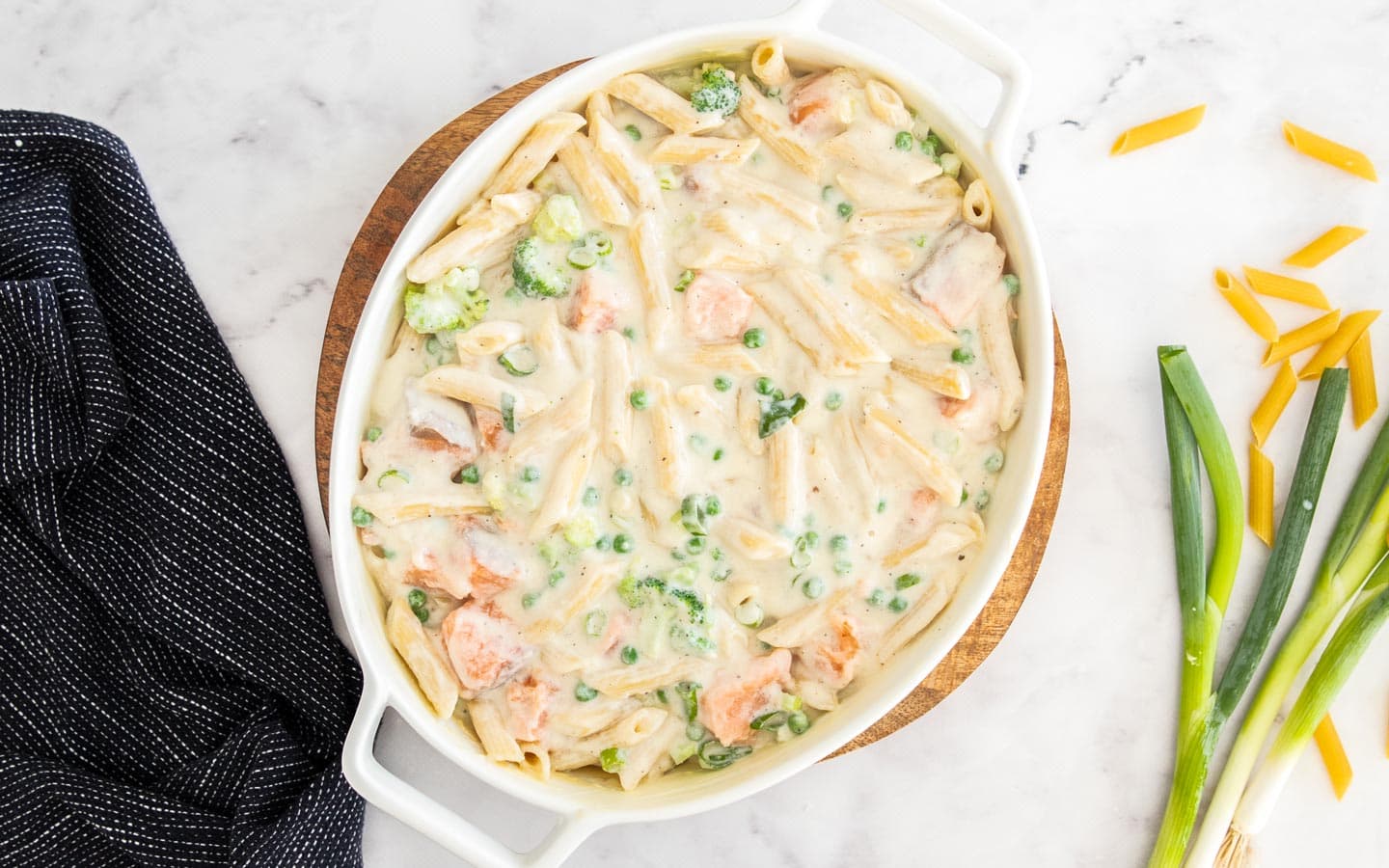 The salmon pasta in a baking dish.