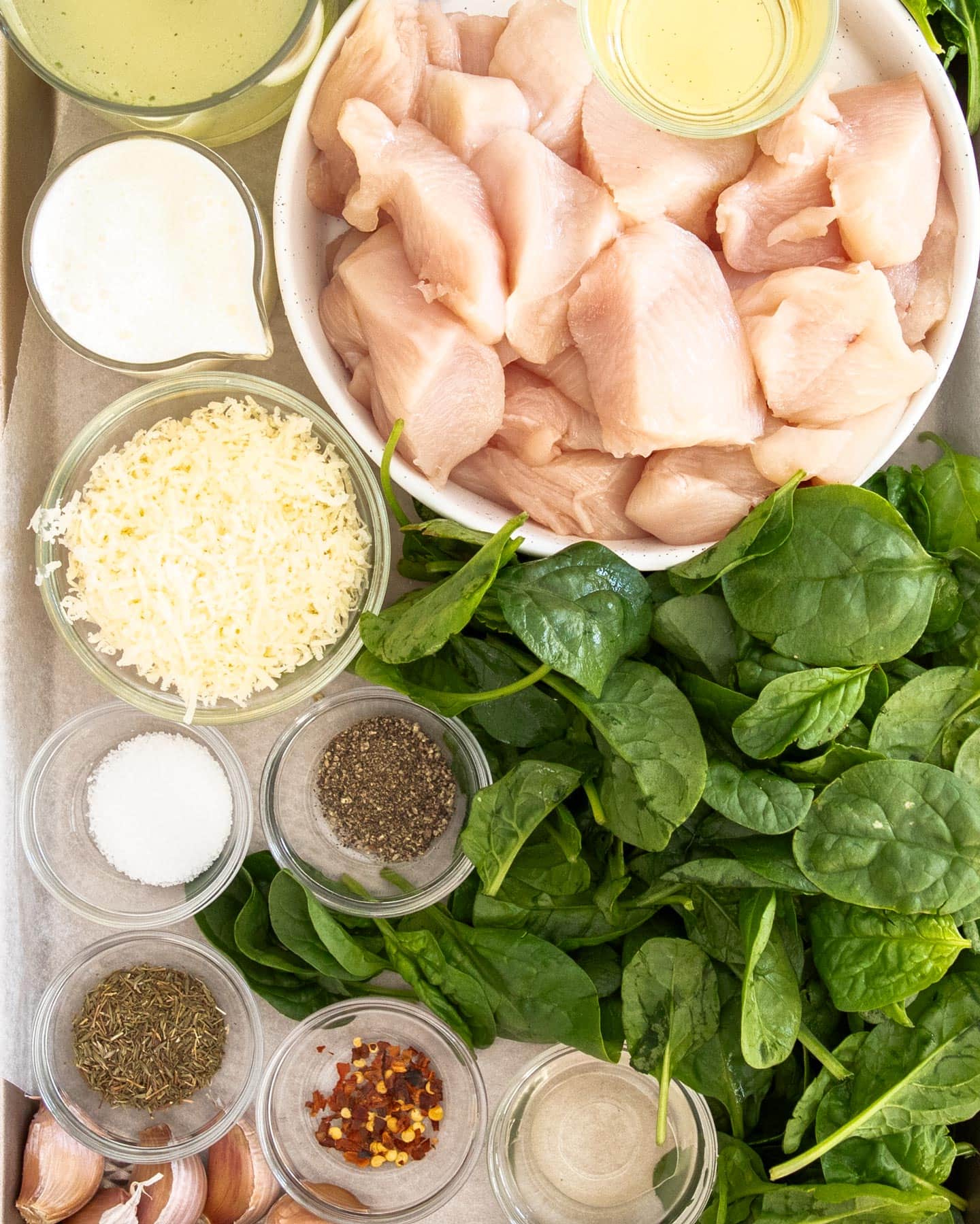 Closeup of the ingredients for creamy garlic chicken.